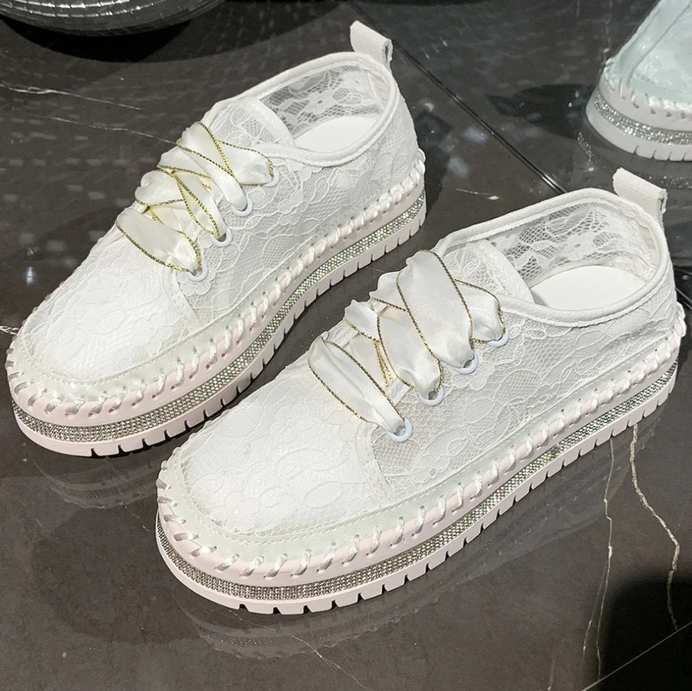 Lace Mesh Rhinestone Platform Sneakers Satin Ribbon Laces Retro Y2K Bling Shoes